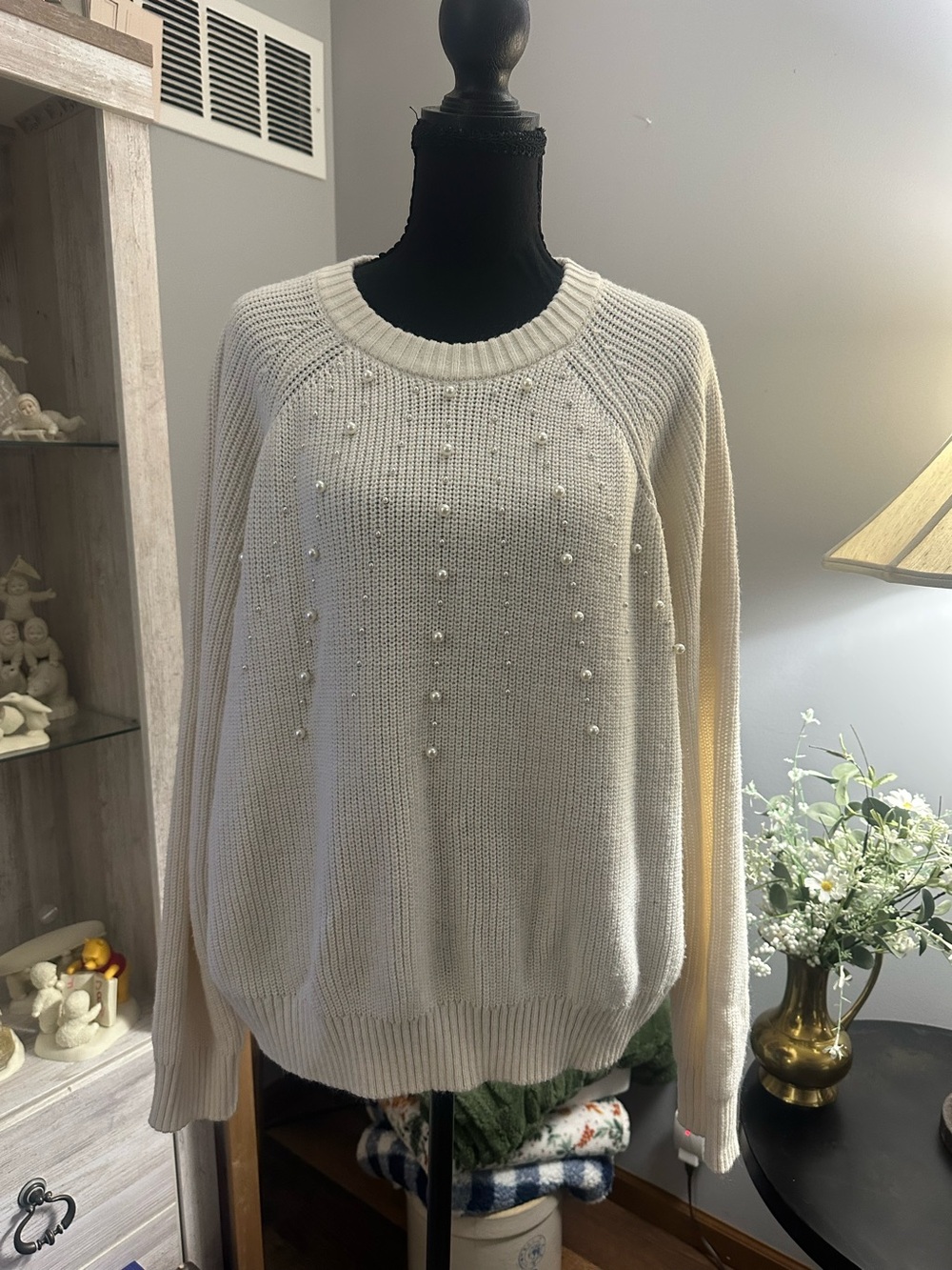 French Connection Cream Pearl-Embellished Crewneck Sweater